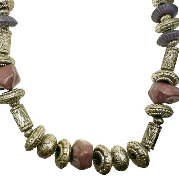 Mix Media Artisan Silver and Purple Bead Chunky Statement Boho Necklace - Picture 5 of 7